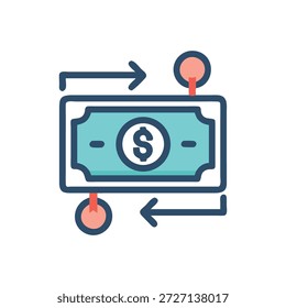 A ilustração de vetor plano mostra transferência de dinheiro através de uma fatura e pontos circulares conectados com setas contra um fundo branco.