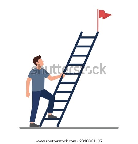 A flat vector illustration shows a young man standing on a ladder while reaching towards a red flag at the top. This imagery represents business ambition and career growth. The clean design displays a clear focus on reaching goals and professional success.