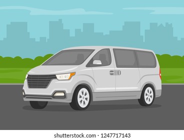 Flat Vector Illustration Of Shuttle Bus. White Mini Van On City Road.