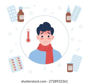 Ilustración vectorial plana de un hombre enfermo con fiebre alta que lleva una bufanda, rodeado de píldoras, cápsulas y botellas de medicamentos. Concepto que ilustra los síntomas de la gripe, la fiebre, el tratamiento y la atención médica.