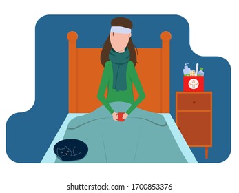 Flat vector illustration: sick woman lying in bed