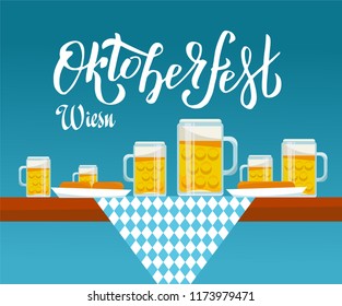 Flat vector illustration Side view on Oktoberfest table with checkered cloth, beer mugs and plates with snack: sausages, pretzels. Oktoberfest best beer handwritten lettering logotype
