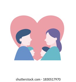 Flat vector illustration. Side view of happy family mom and dad stand with two childs in front of heart background.
