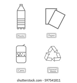 Flat vector illustration Sign Icons for garbage cans and garbage separation by the method of processing