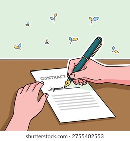 Flat Vector Illustration of Signing a Business Contract