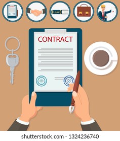 Flat Vector Illustration Signing Contract Certification. In Foreground Hand Holds and  Fountain Pen. Paper Documents Folder Printed with Assured Seals and Legal Service Signatures.
