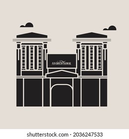Flat vector illustration silhouette of a historic building in the city of Yogyakarta. Simple icon design cartoon for vaction travel Yogyakarta Beringharjo market.