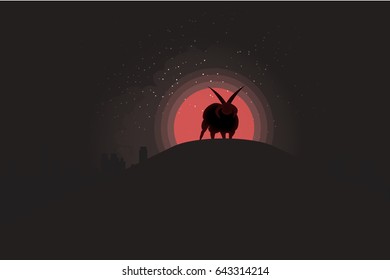 A flat vector illustration of a silhouetted satanic horned sheep on a hill, in front of a city during a blood moon. 