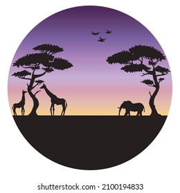 Flat vector illustration with silhouettes of animals on a sunset background. African savannah with a beautiful landscape of large trees
