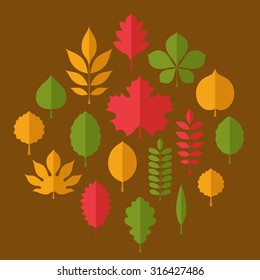Flat vector illustration: Silhouettes of different tree leaves ( beech, ash, linden, birch, alder, aspen, rowan, hawthorn, walnut, apple, acacia, chestnut, conker etc.) isolated on mustard background