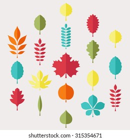 Flat vector illustration: Silhouettes of tree leaves (elm, beech, ash, linden, birch, alder, aspen, willow, maple,  poplar, rowan, hawthorn, walnut, apple, oak etc.) isolated on light gray background