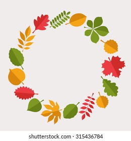 Flat vector illustration: Silhouettes of tree leaves (elm, beech, ash, linden, birch, alder,aspen, willow, maple, rowan, hawthorn, walnut, conker etc) in form of ring isolated on light gray background