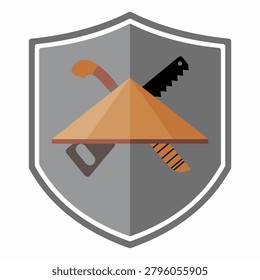 Flat Vector Illustration of Silver Shield Badge with Crossed Machete and Hand Saw Behind Brown Straw Hat