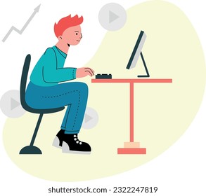 Flat vector illustration. Simple art. Person working drawing. Education, work, computer