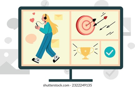 Flat vector illustration. Simple art girl. Business goal icon. Achieving result. Cartoon drawing