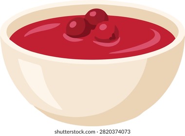 A flat vector illustration of a simple beige bowl filled with vibrant red cranberry sauce, berry jam, or fruit coulis, isolated on a white background, perfect for food-related projects.