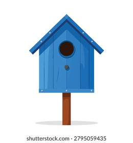 A flat vector illustration of a simple blue birdhouse with a single circular entrance hole mounted on a brown wooden pole