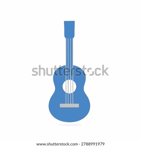 A flat vector illustration of a simple blue acoustic guitar isolated on a white background suitable for music concepts