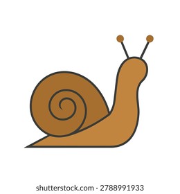 A flat vector illustration of a simple brown snail with a spiral shell and two antennae, stylized for a clean icon design.