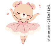 Flat vector illustration in a simple childish style. Cute ballerina bear dancing ballet, bear cub in cute pink tutu dress