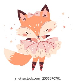 Flat vector illustration in a simple childish style. Cute fox ballerina dancing ballet, baby fox in cute pink tutu dress