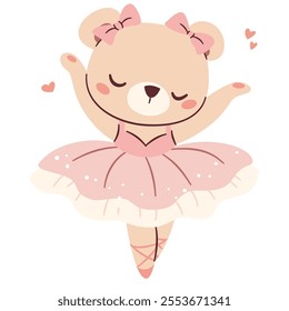 Flat vector illustration in a simple childish style. Cute ballerina bear dancing ballet, bear cub in cute pink tutu dress