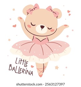 Flat vector illustration in a simple childish style. Cute ballerina bear dancing ballet, bear cub in cute pink tutu dress, lettering Little Ballerina