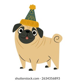 Flat vector illustration in a simple childish style. Cute pug in winter hat on white background