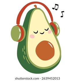 Flat vector illustration in a simple childish style. Cute avocado with a face listening to music in headphones