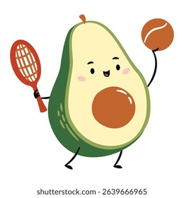 Flat vector illustration in a simple childish style. Cute avocado with a face with arms and legs playing tennis