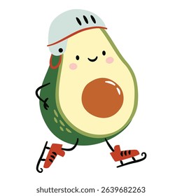 Flat vector illustration in a simple childish style. Small avocado skating and playing hockey on white background