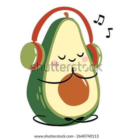 Flat vector illustration in a simple childish style. Cute avocado doing yoga and meditating to music with headphones on 