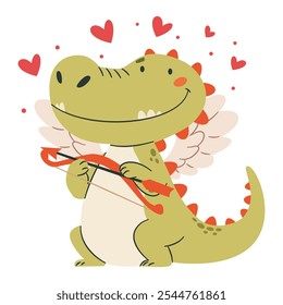 A flat vector illustration in a simple children's style. Cute crocodile cupid with wings, hearts