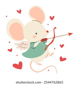 A flat vector illustration in a simple children's style. Cute little mouse cupid with wings, hearts