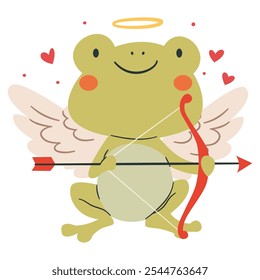 Una Ilustración vectorial plana en un estilo simple para niños. Linda rana cupido con alas, corazones