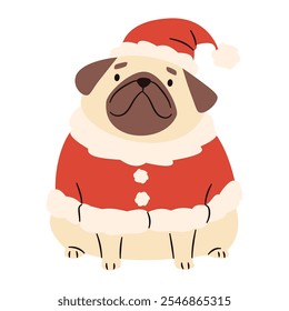 Ilustração de vetor plano em um estilo infantil simples. Pug bonito em traje de Papai Noel sobre fundo branco 