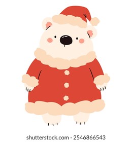 Flat vector illustration in a simple children's style. Cute polar bear in Santa Claus costume on white background 