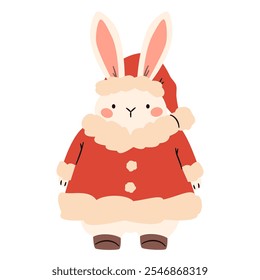 Flat vector illustration in a simple children's style. Cute white rabbit in Santa Claus costume on white background 