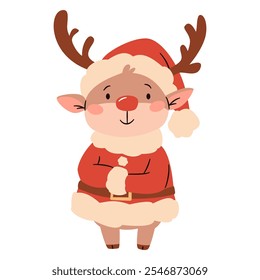 Flat vector illustration in a simple children's style. Cute reindeer in Santa Claus costume on white background 