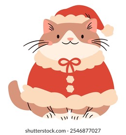 Flat vector illustration in a simple children's style. Cute cat in Santa Claus suit on white background