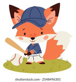 Flat vector illustration in a simple children's style. Cute fox in a cap playing baseball. White background 