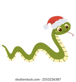 Flat vector illustration in a simple children's style. Cute snake in Santa Claus hat, symbol of the year 2025 
