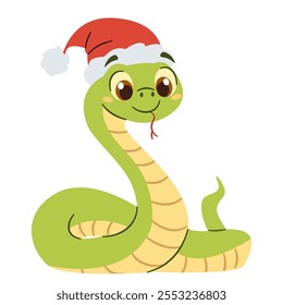 Flat vector illustration in a simple children's style. Cute snake in Santa Claus hat, symbol of the year 2025 
