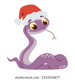 Flat vector illustration in a simple children's style. Cute snake in Santa Claus hat, symbol of the year 2025 
