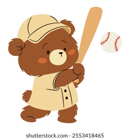 Flat vector illustration in a simple children's style. Cute bear in a cap playing baseball 