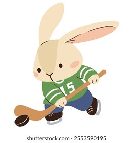 Flat vector illustration in a simple children's style on a sports theme. Cute rabbit playing hockey on white background 

