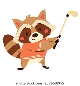 Flat vector illustration in a simple children's style on a sports theme. Cute raccoon playing golf on white background 