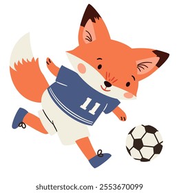 Flat vector illustration in a simple children's style on a sports theme. Cute fox playing soccer on white background 