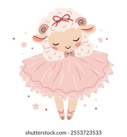 Flat vector illustration in a simple children's style. Cute sheep in ballerina tutu dancing ballet. White background 
