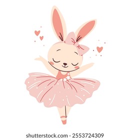 Flat vector illustration in a simple children's style. Cute bunny in ballerina tutu dancing ballet. White background 
